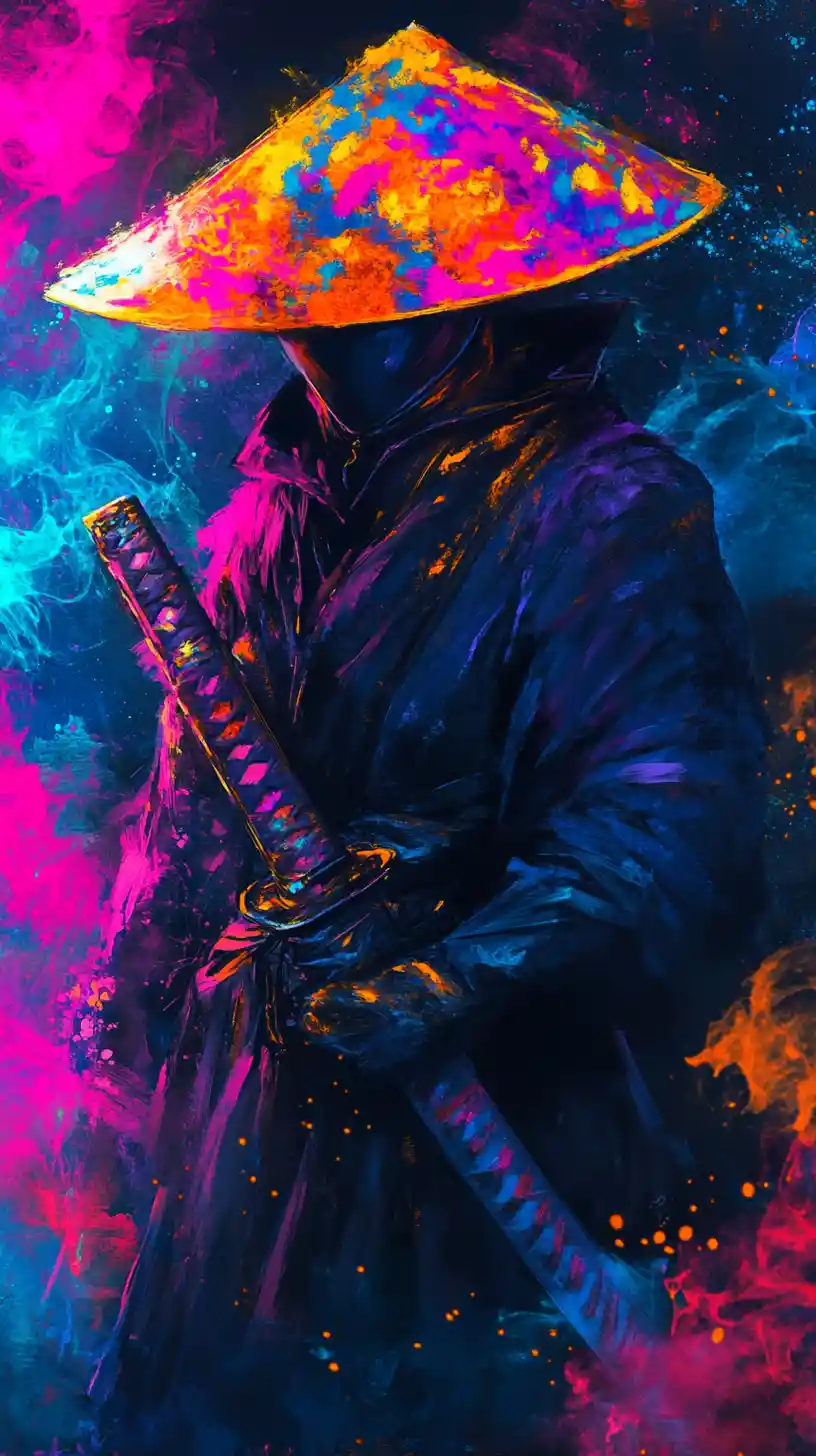 Neon cloaked samurai in profile amid glowing abstract mist