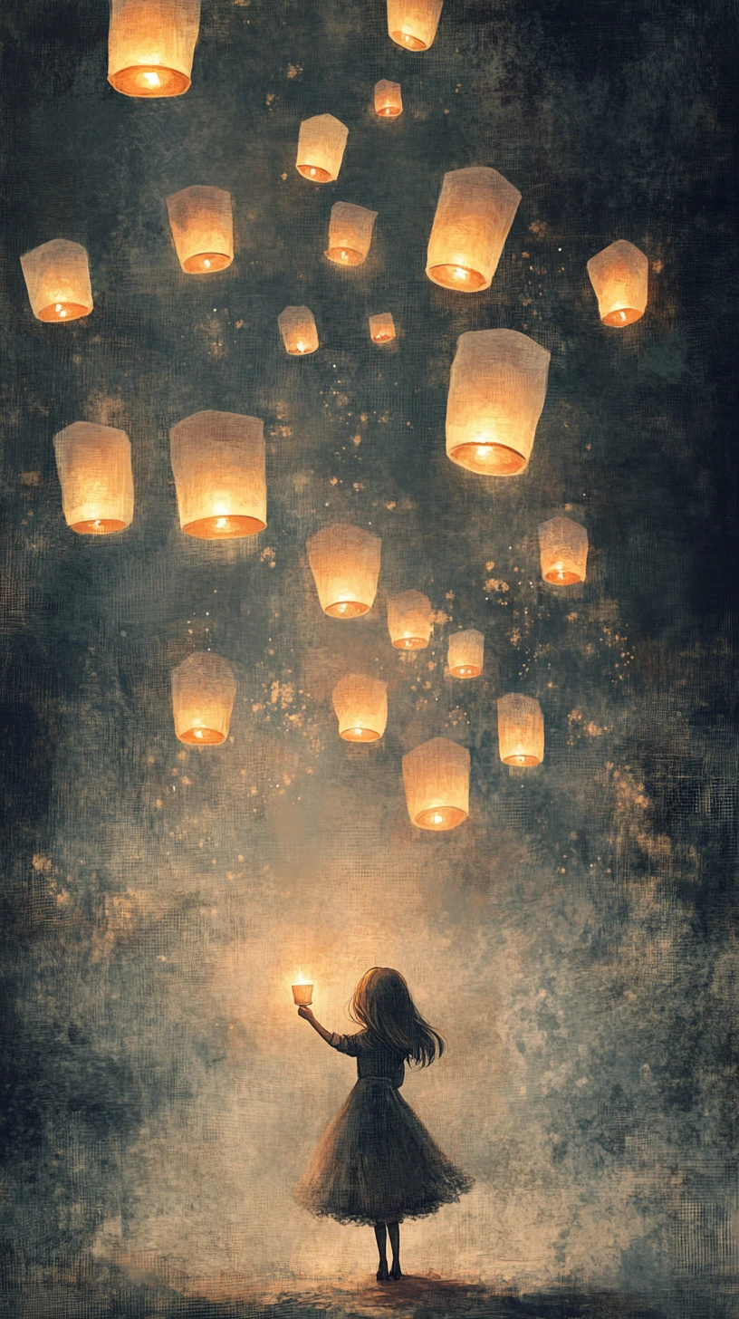 Girl lighting floating lanterns into a dreamy foggy sky