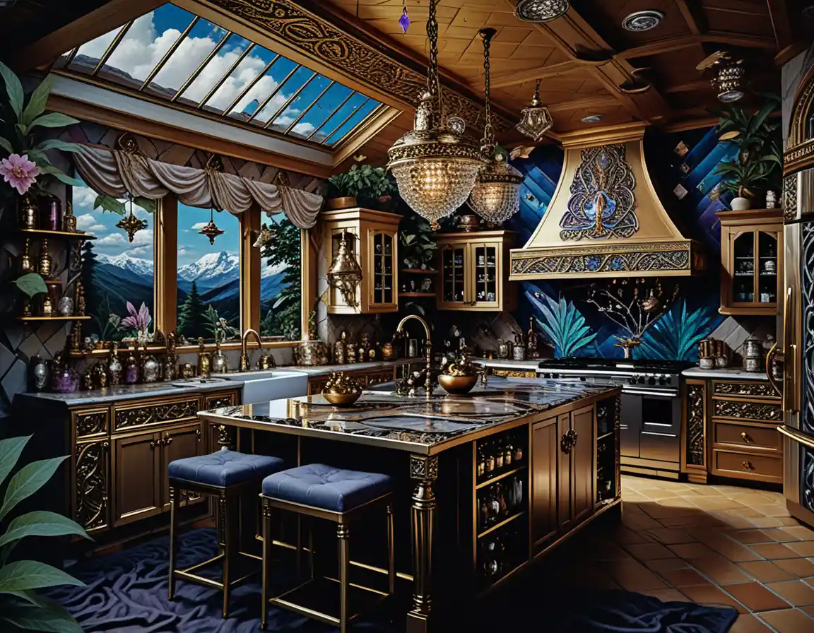 Colorful fantasy kitchen interior with skylights and crystals