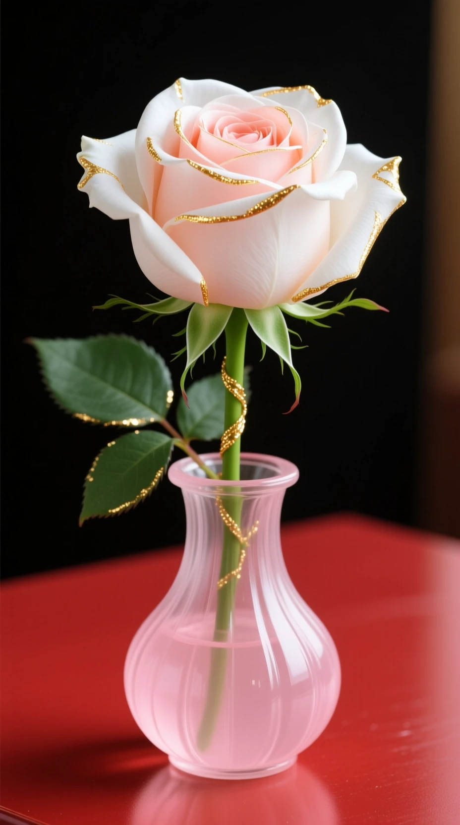 Single white rose with gold accents in pink glass vase