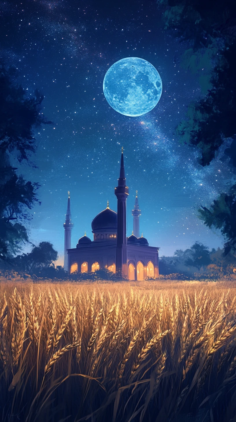 Moonlit mosque beyond a quiet wheat field at night