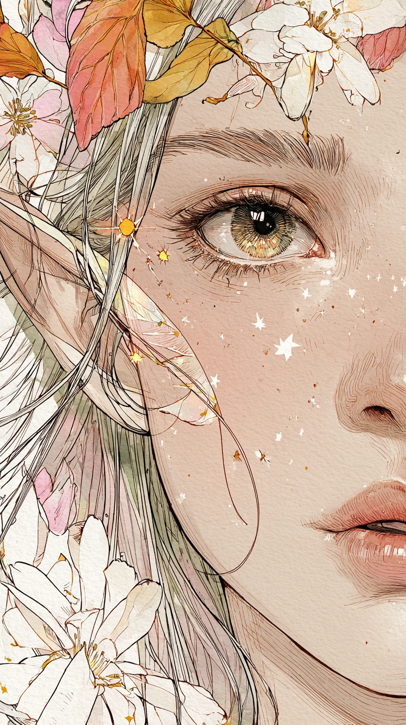 Celestial maiden close up in watercolor ink illustration