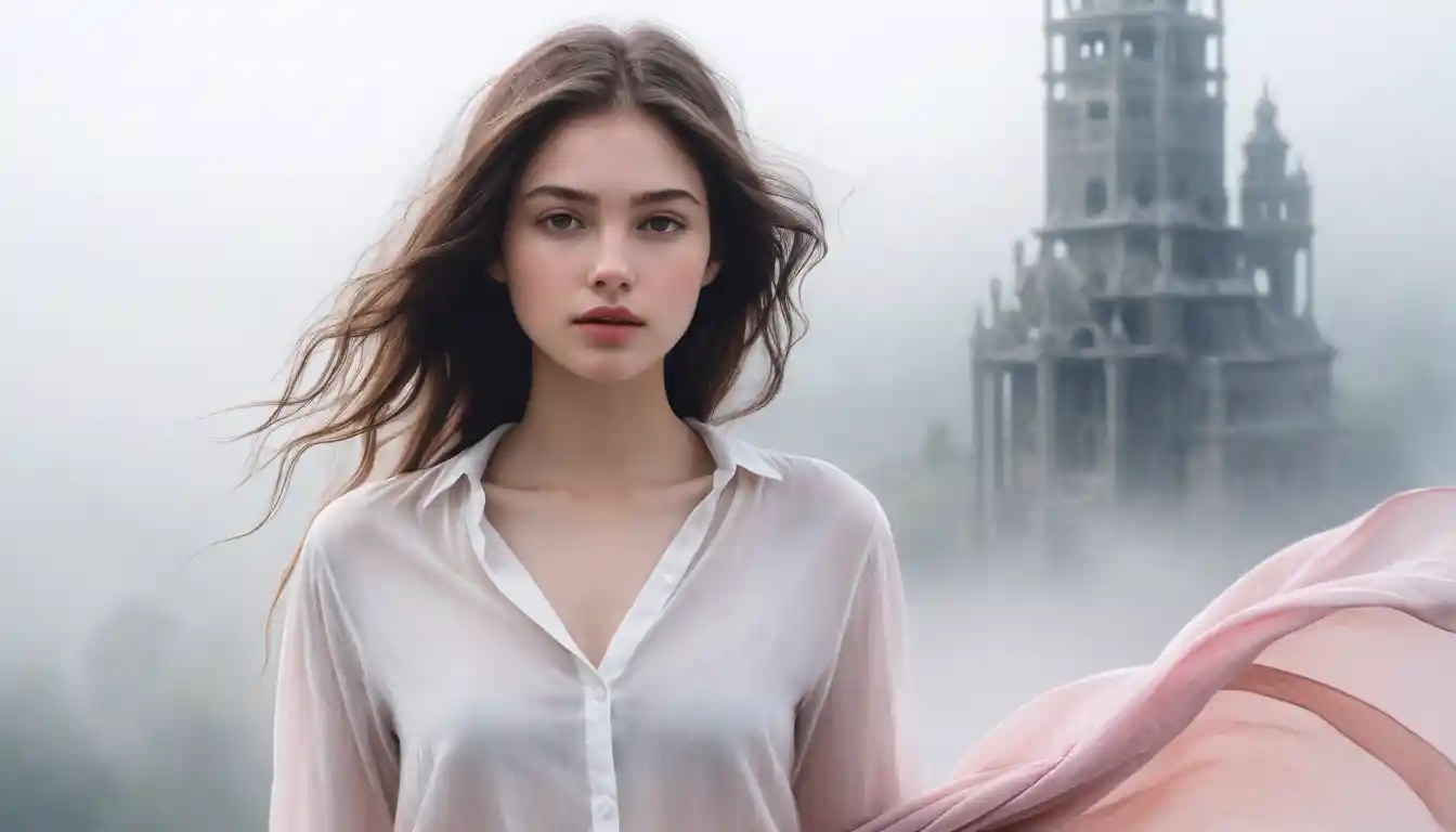 Watercolor girl before a glass tower in morning fog