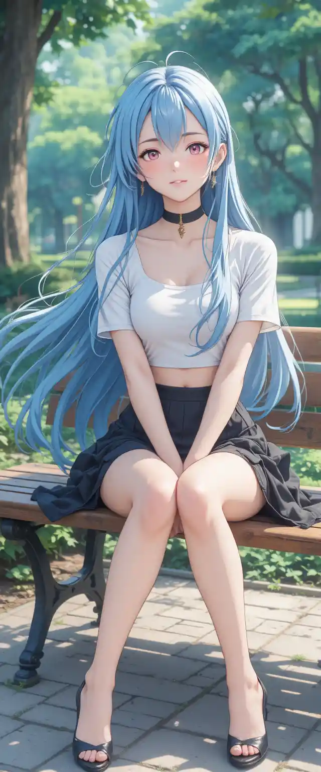 Anime girl with blue hair sitting on a park bench