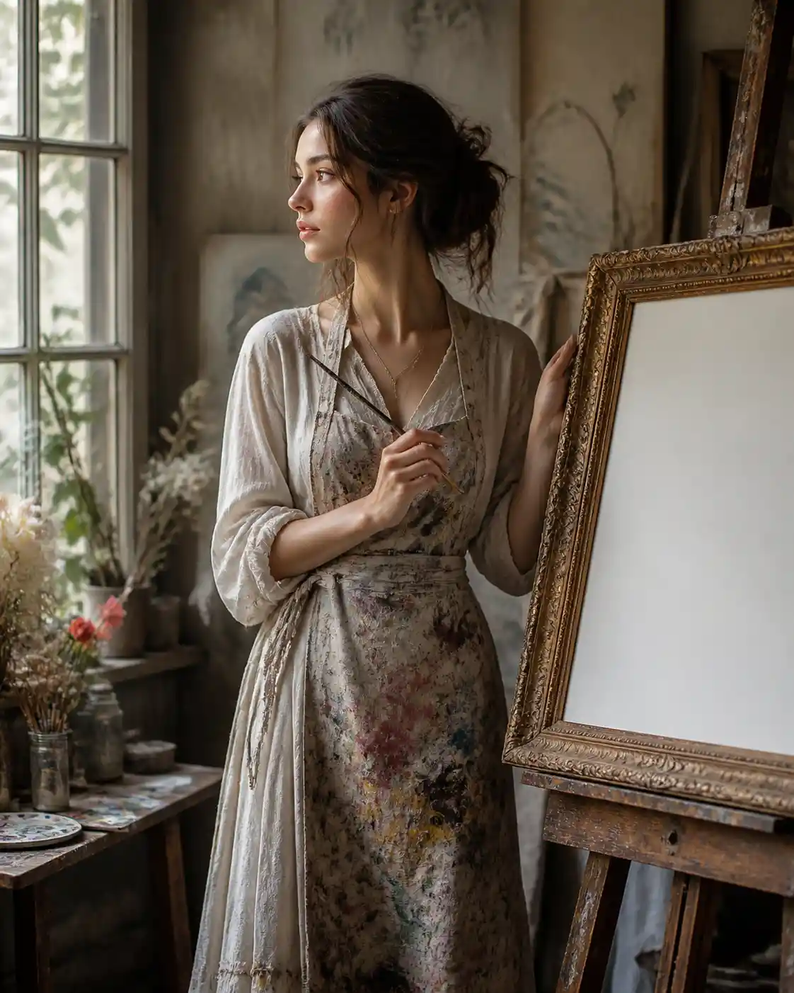 Thoughtful woman artist gazing out beside blank canvas
