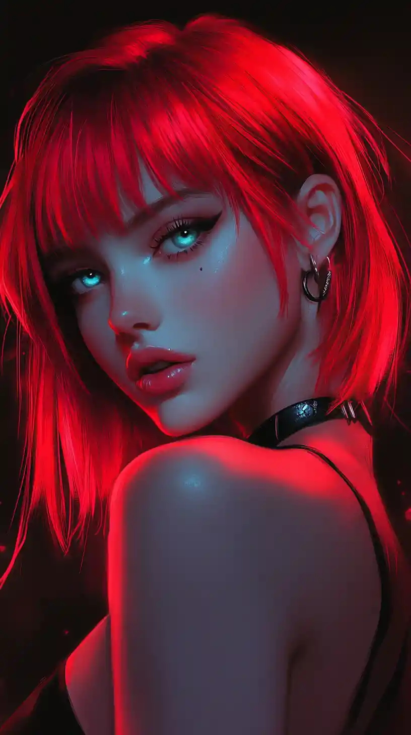 Neon haired anime woman in dramatic cyber noir close up