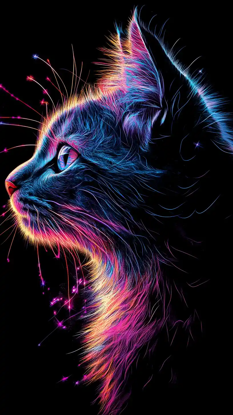 Majestic cat portrait in neon double exposure mosaic style