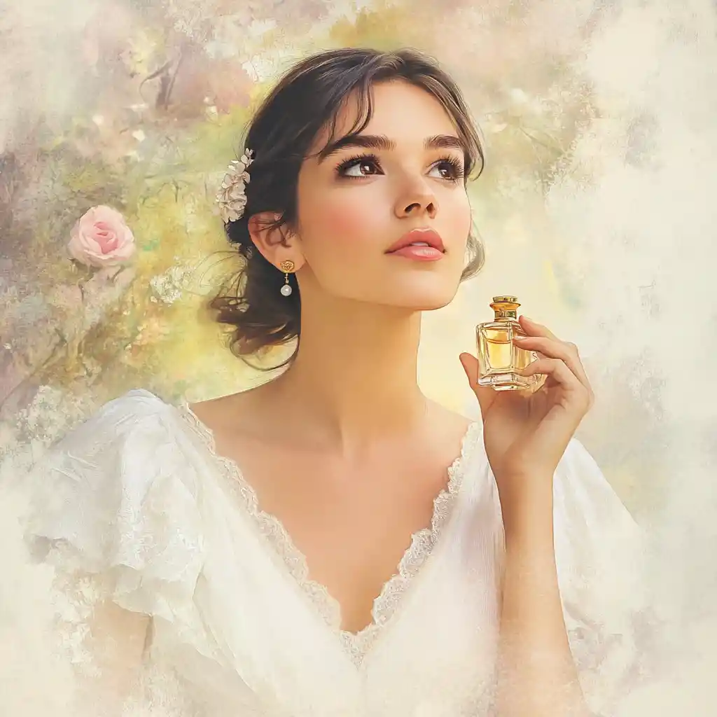 Dreamy woman holding perfume bottle in soft watercolor