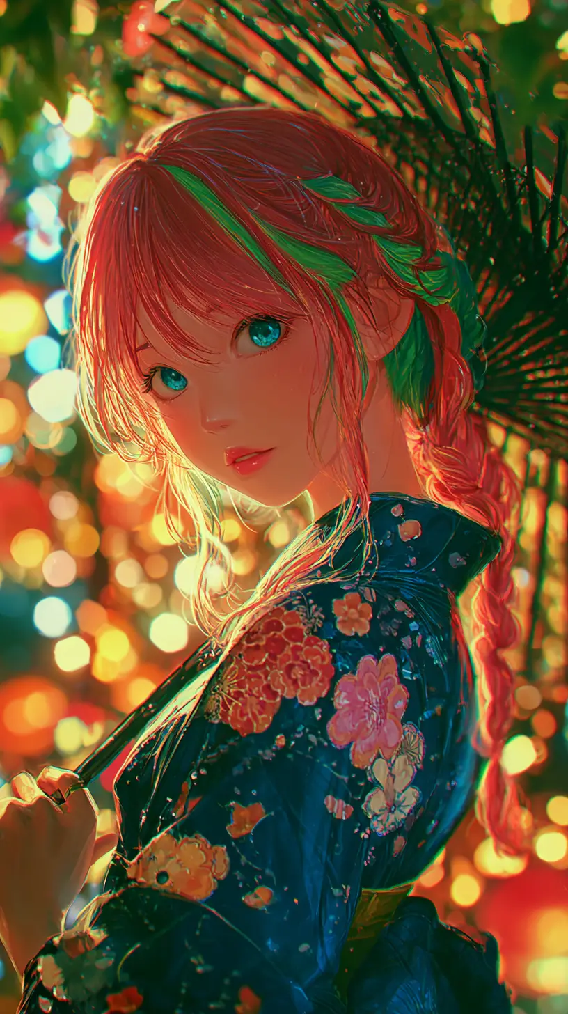 Anime girl in floral kimono with fan in glowing night