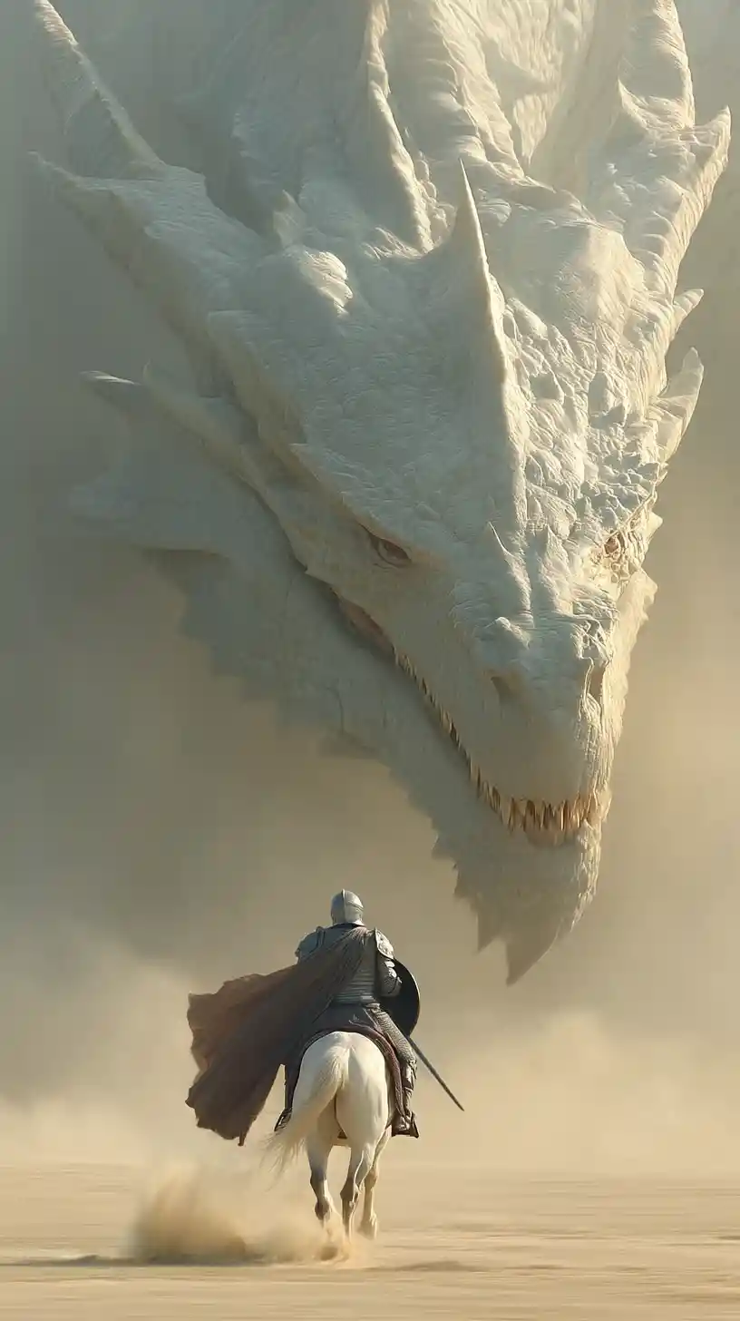 Knight on armored warhorse charging a colossal dragon