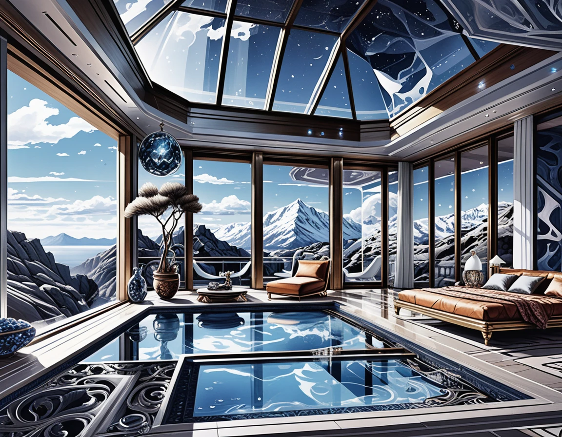 Luxury penthouse with suspended glass sky pool in mountains