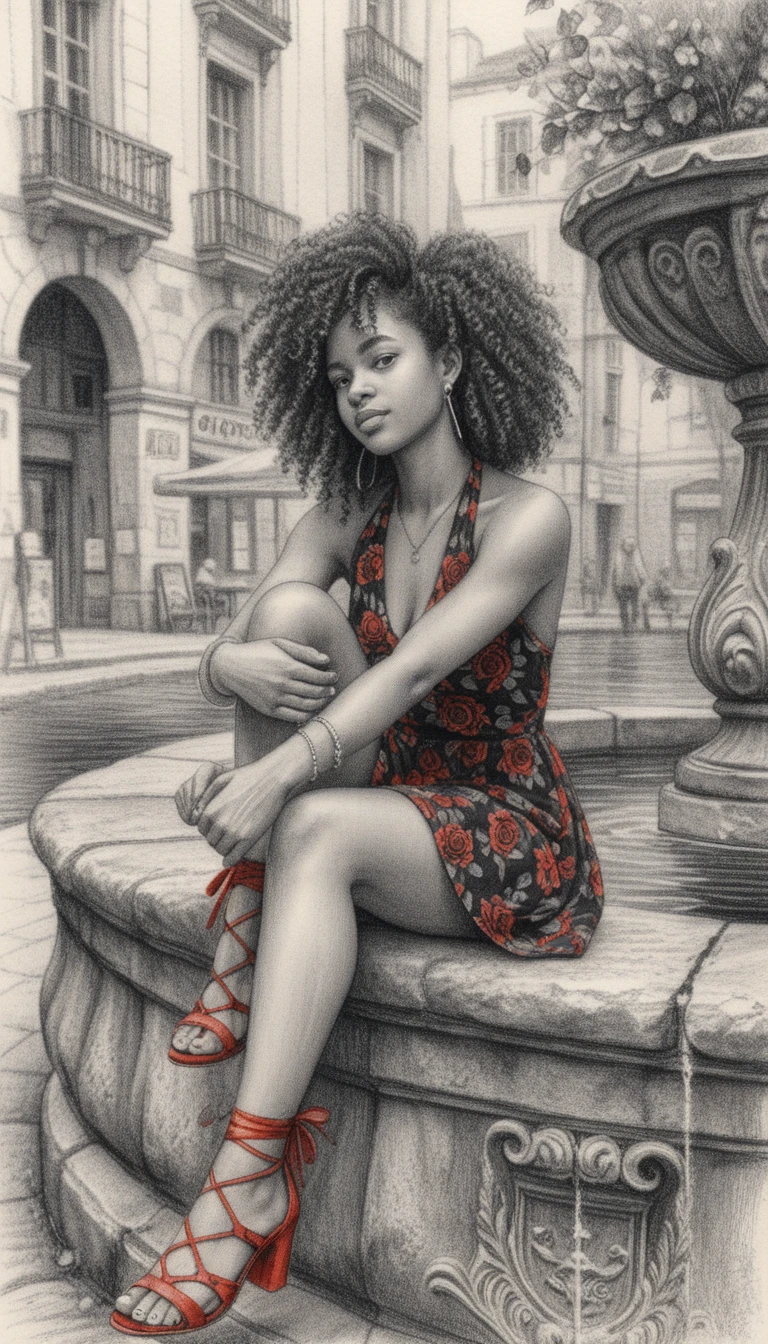 Confident black woman by stone fountain in city square