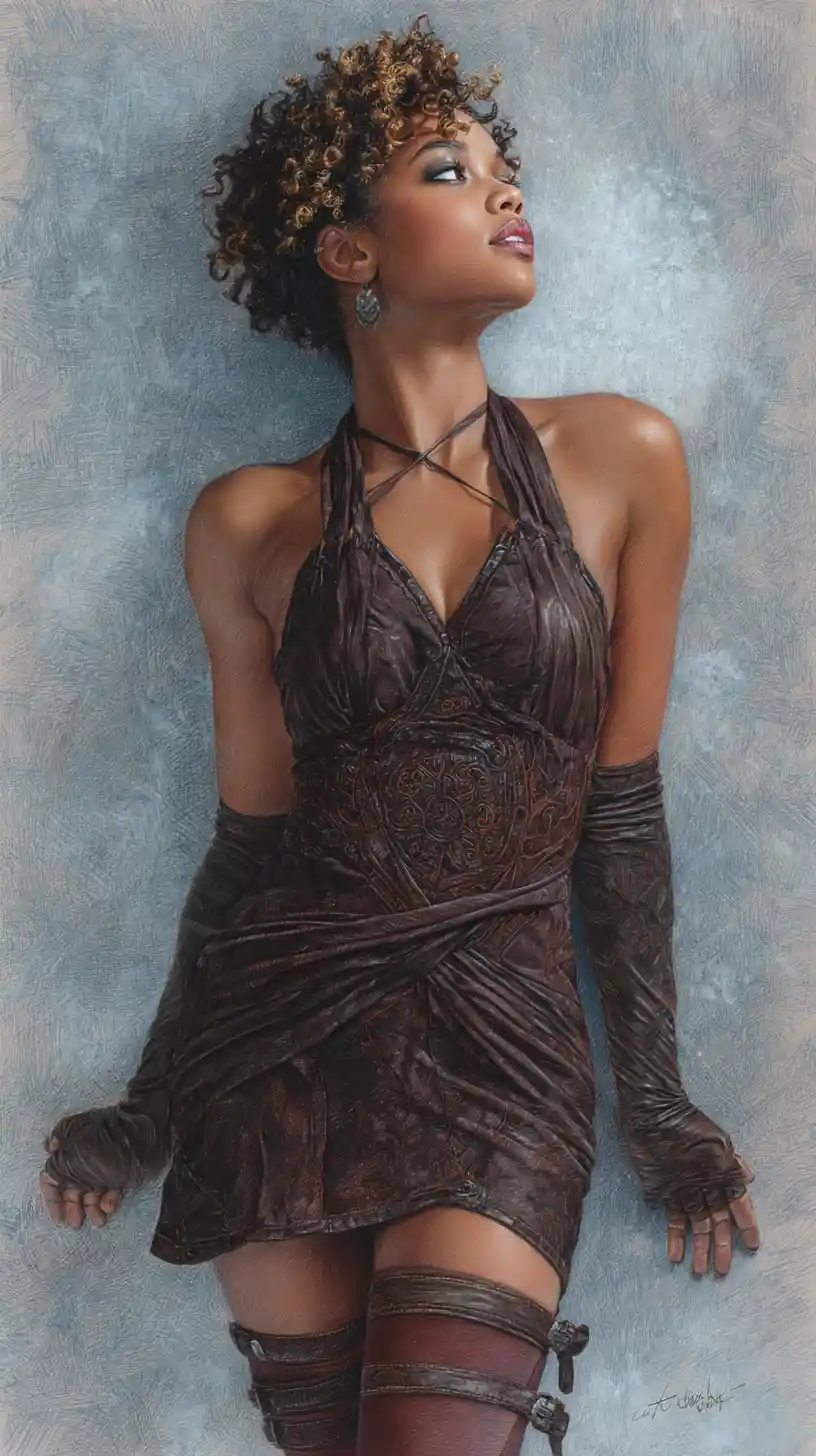 Confident young woman in brown leather dress illustration