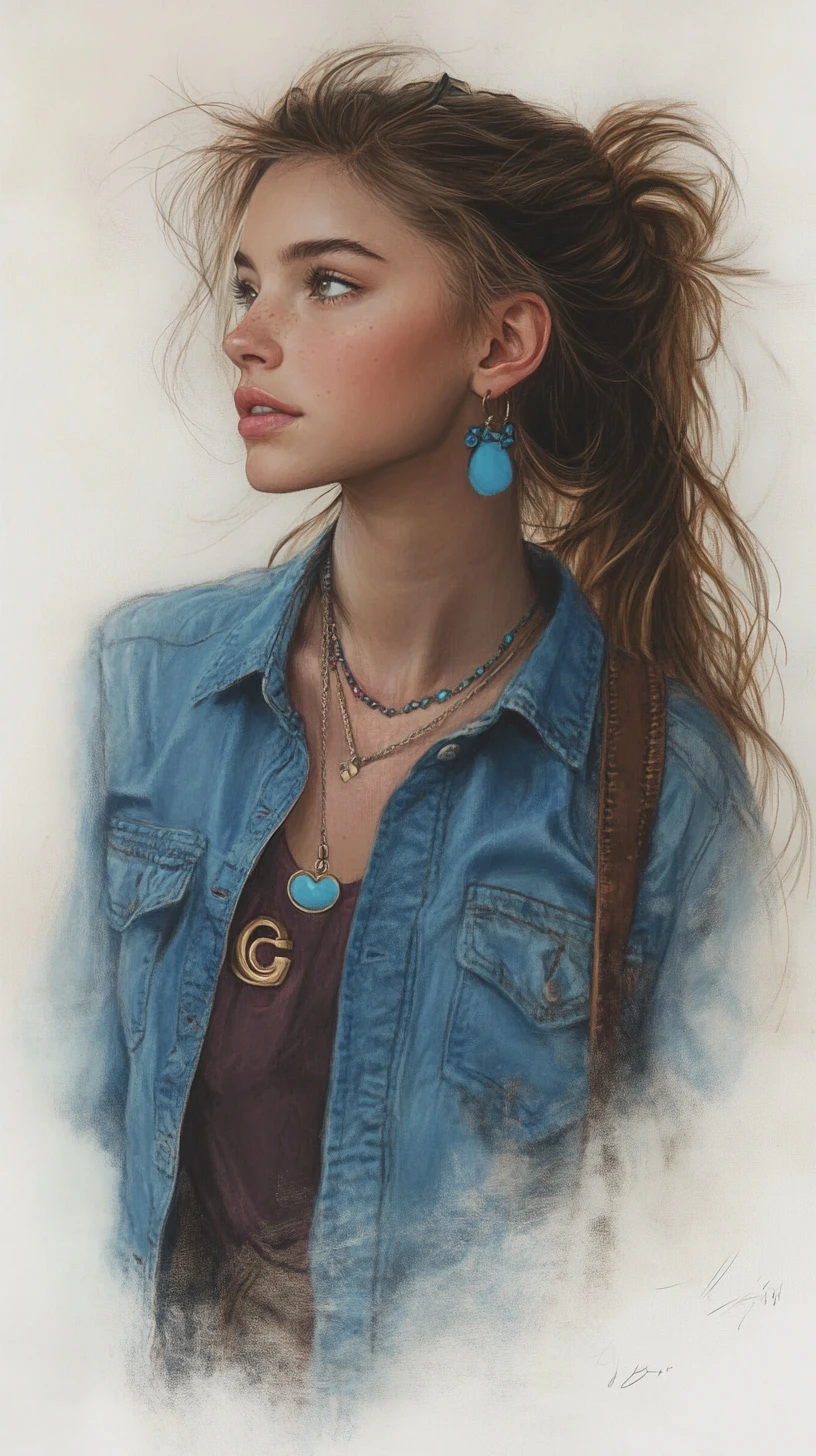 Young woman with denim shirt in pencil city portrait