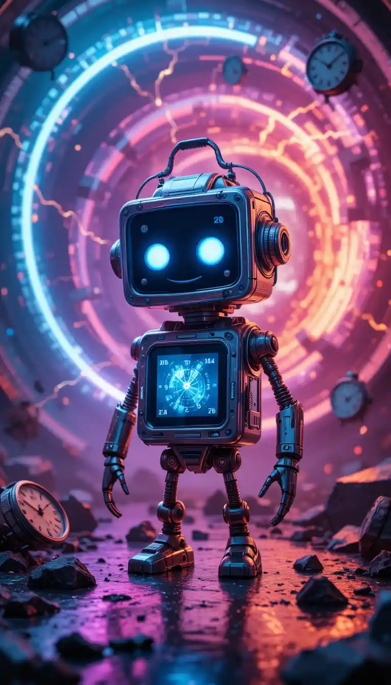Máquina del tiempo parlante en un vórtice sci‑fi de neón