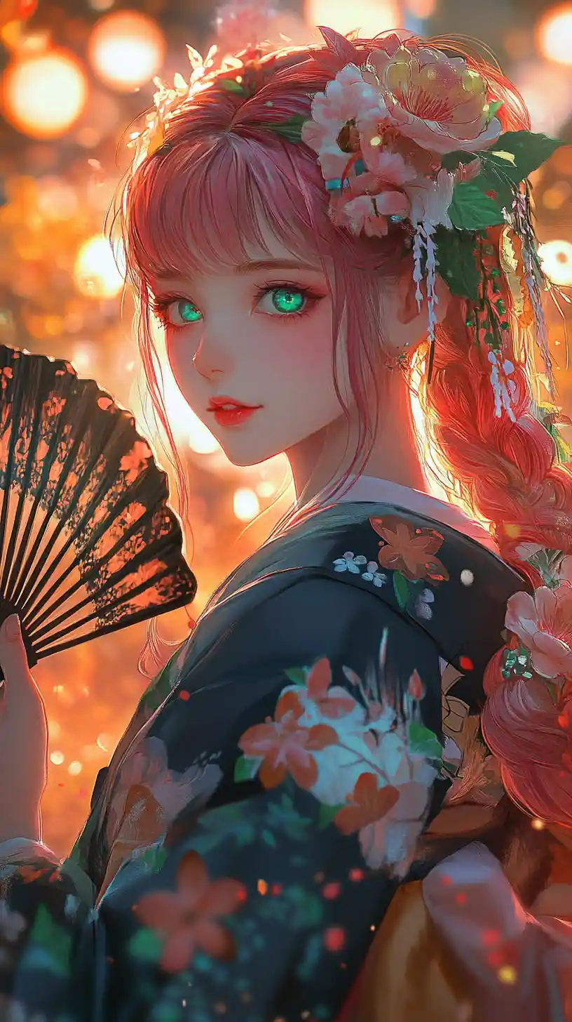 Anime girl in floral kimono with fan at night