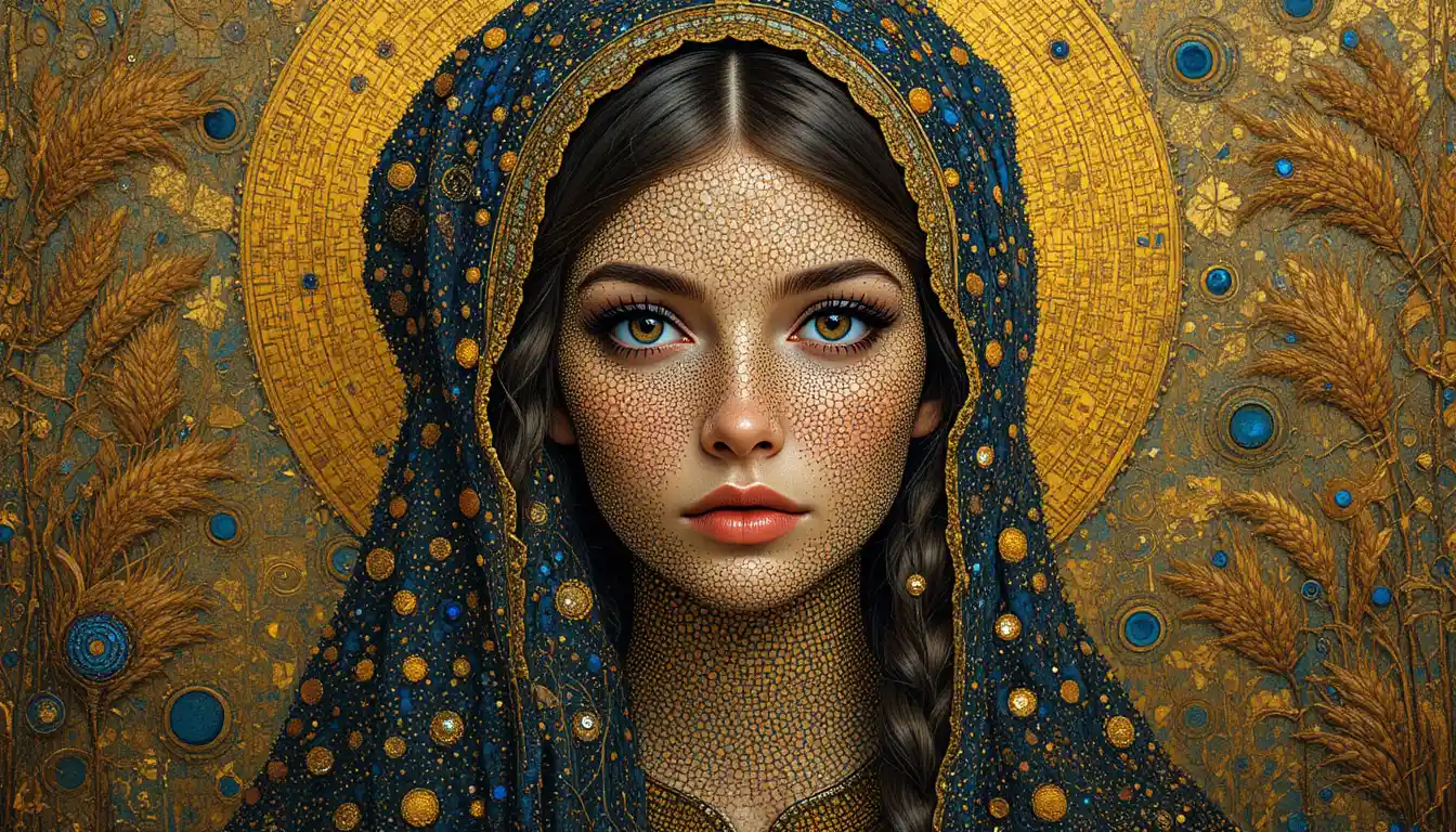 Golden pointillist portrait of a woman in ornate cloak