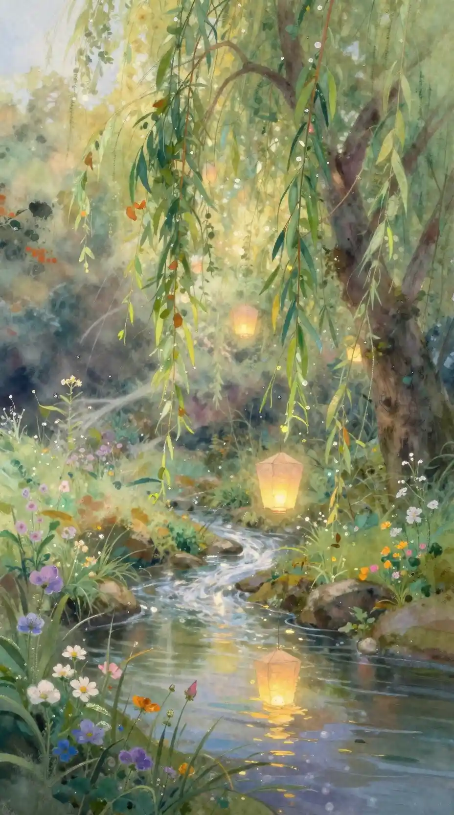 Mystical watercolor forest clearing with glowing lanterns at dawn