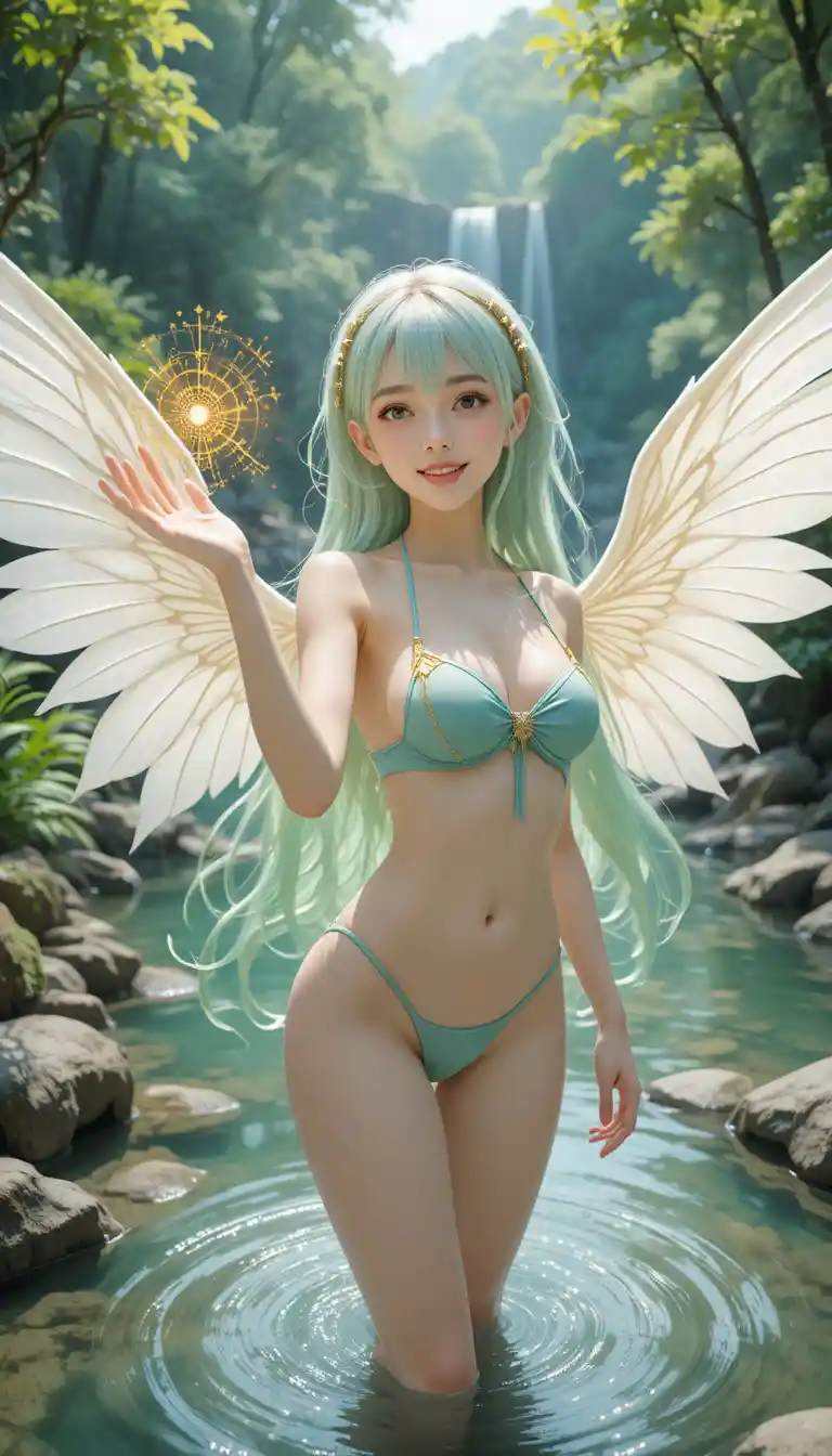 Anime winged girl smiling in a tranquil forest stream