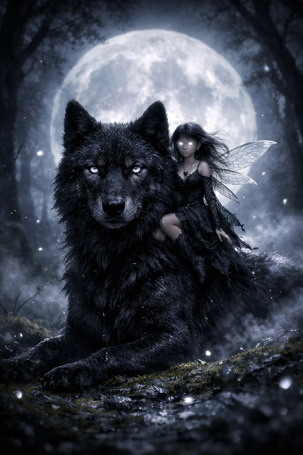 Wolf And Fairy Under A Luminous Full Moon