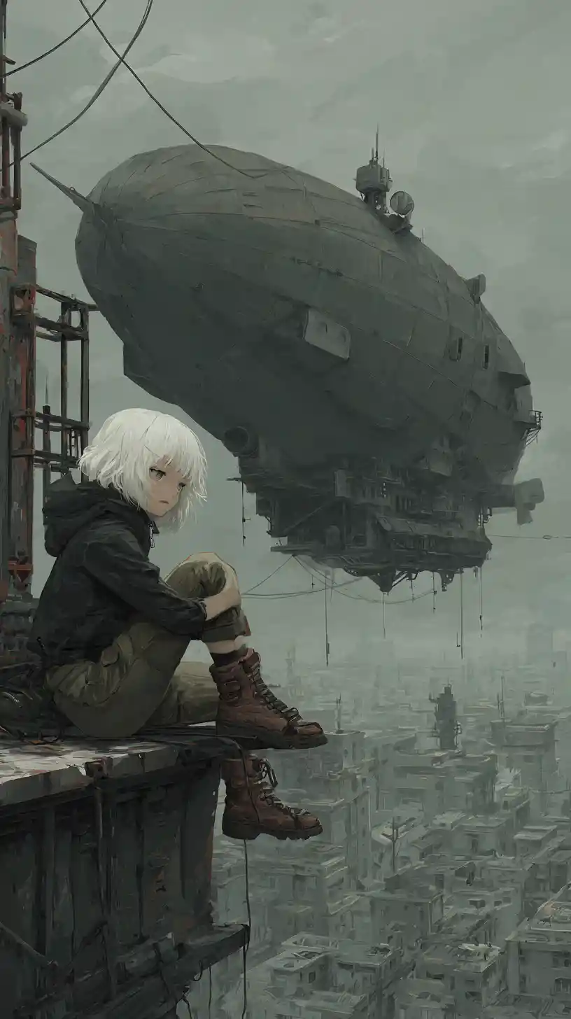 Anime girl on a ruined ledge in a dystopian city