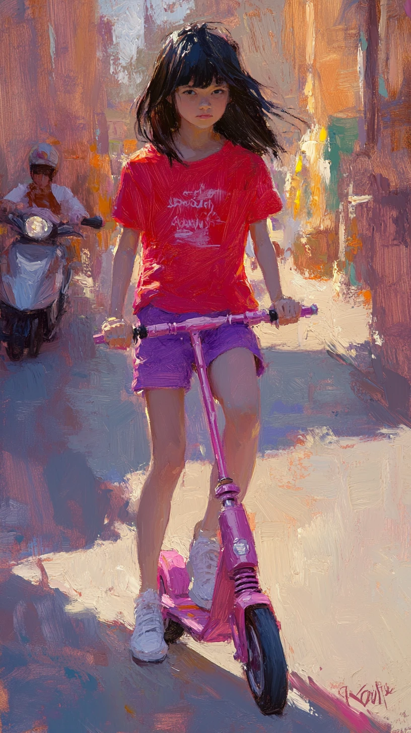 Young girl on pink scooter in warm impressionist street