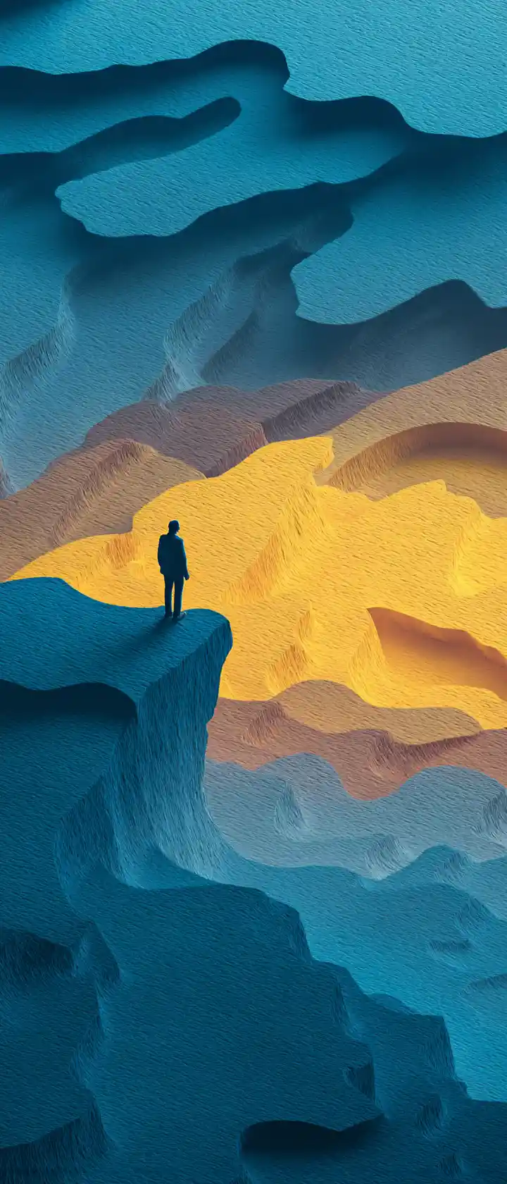 Layered paper silhouette on cliff above misty coastline