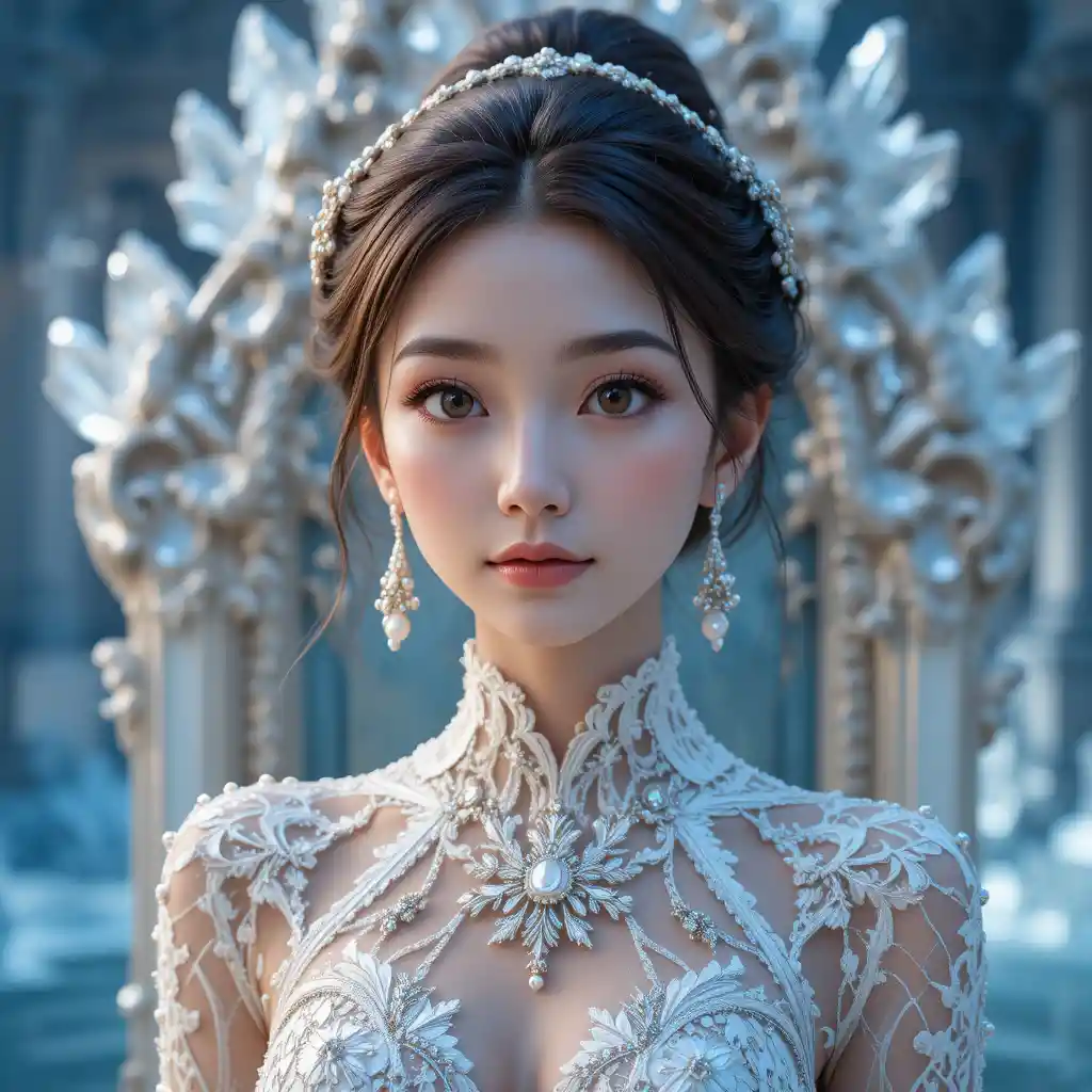 Regal Korean woman in white lace gown on icy throne