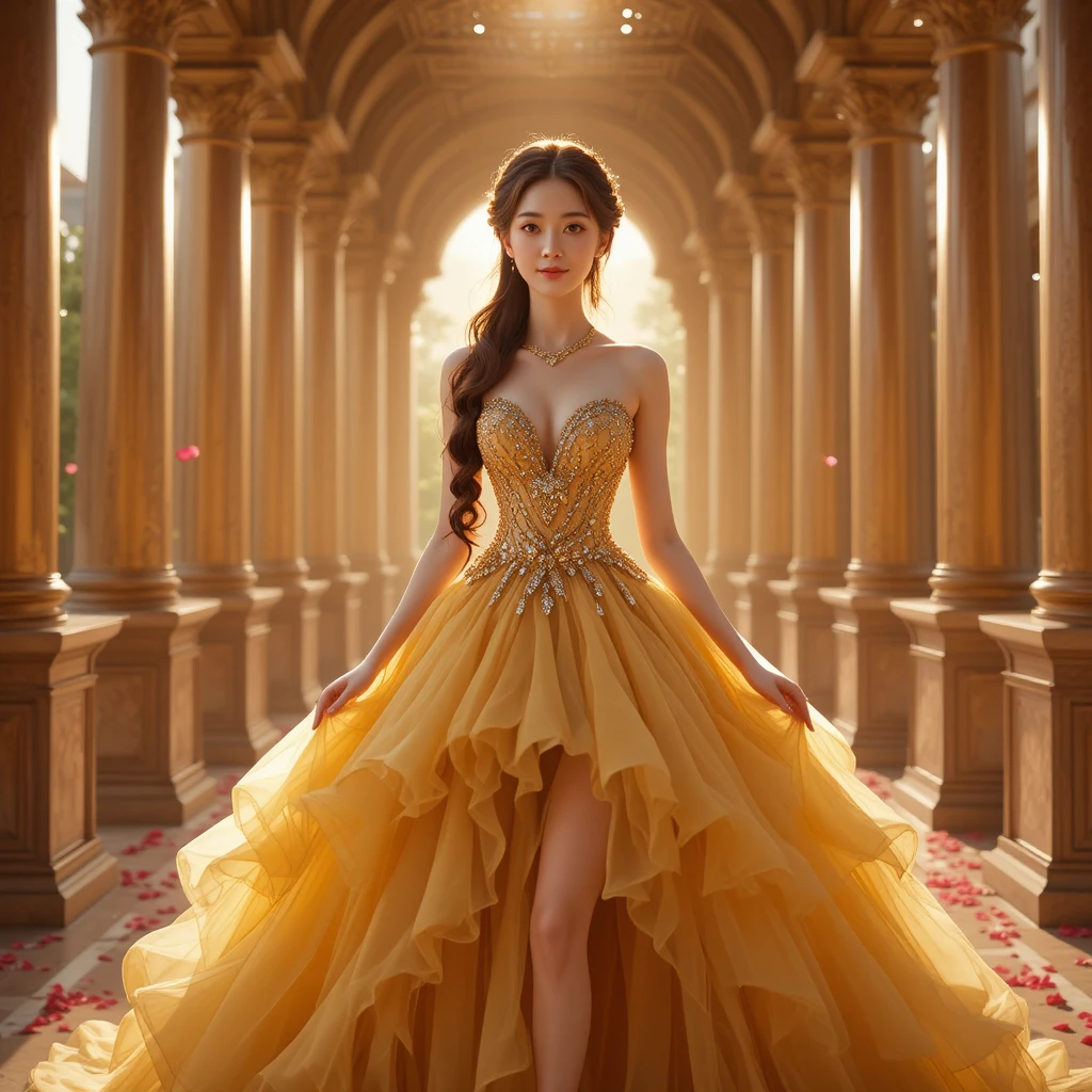 Korean girl in luminous yellow ballgown on palace balcony