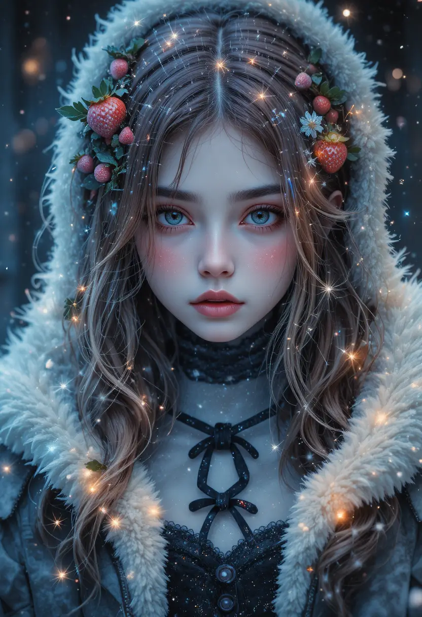 Ragazza fragola anime malinconica in primo piano sotto il cielo notturno invernale