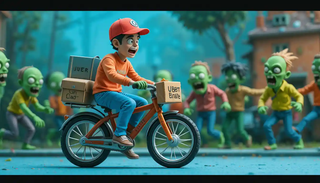 Playdough delivery man biking through city chased by zombies