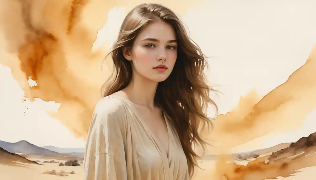 Young woman in watercolor gazing at a glowing hourglass