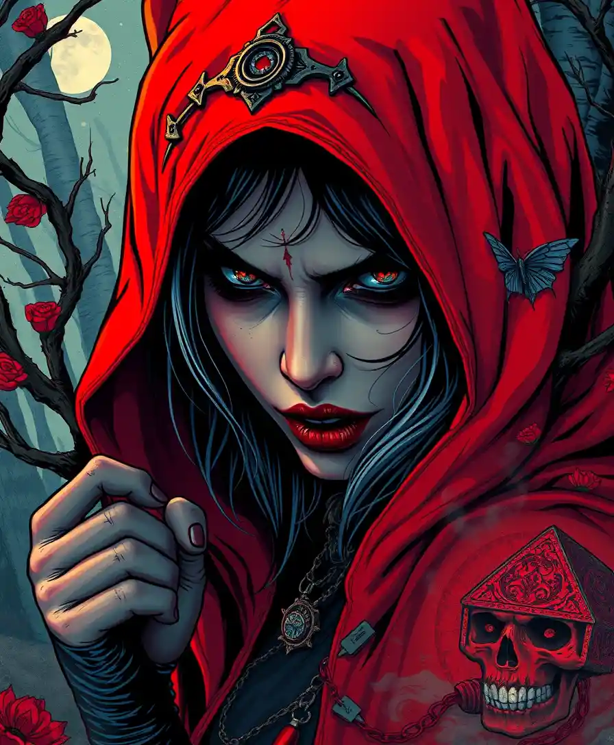 Surreal Punk Red Riding Hood Close Up In Dreamlike Realm