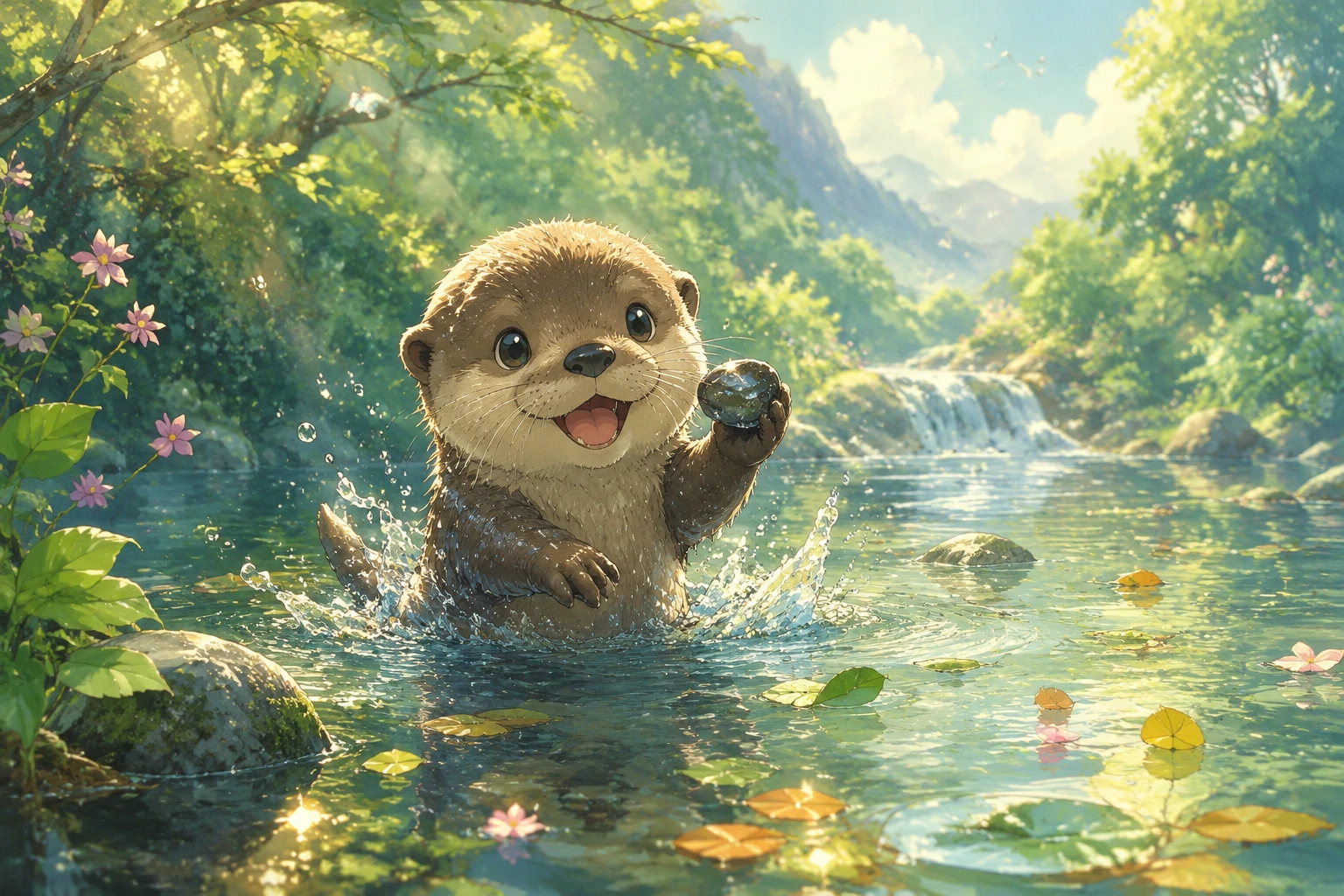 やさしい川で水しぶきをあげる赤ちゃんカワウソのアニメ風シーン