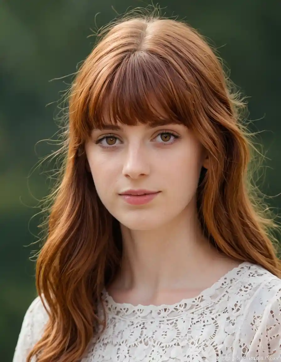 Young German woman with brown hair and red bangs
