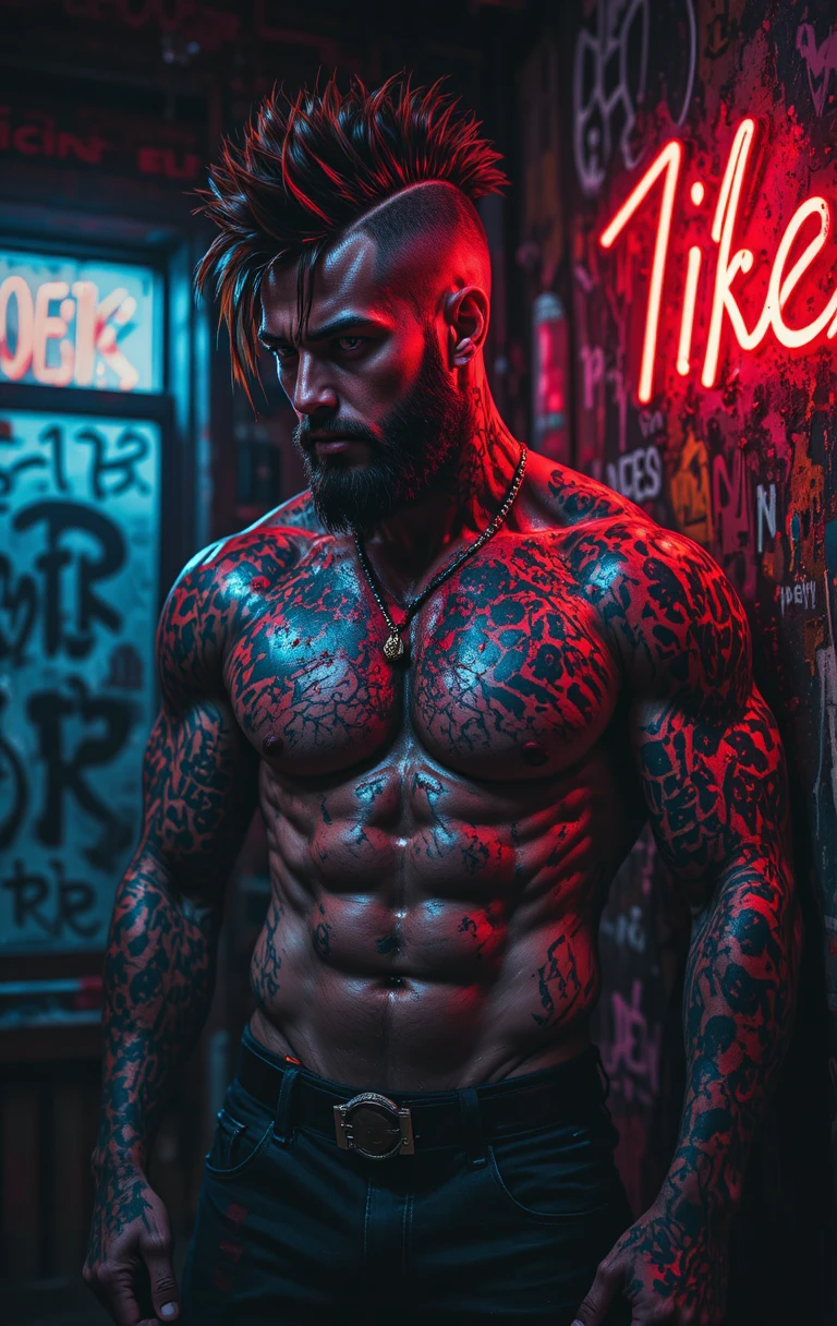 Tattooed muscular man by graffiti wall in neon light