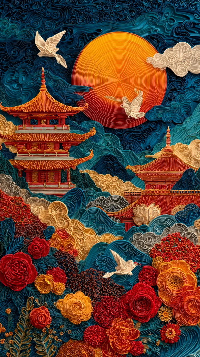 Pagodas de arte en papel bajo una brillante luna llena
