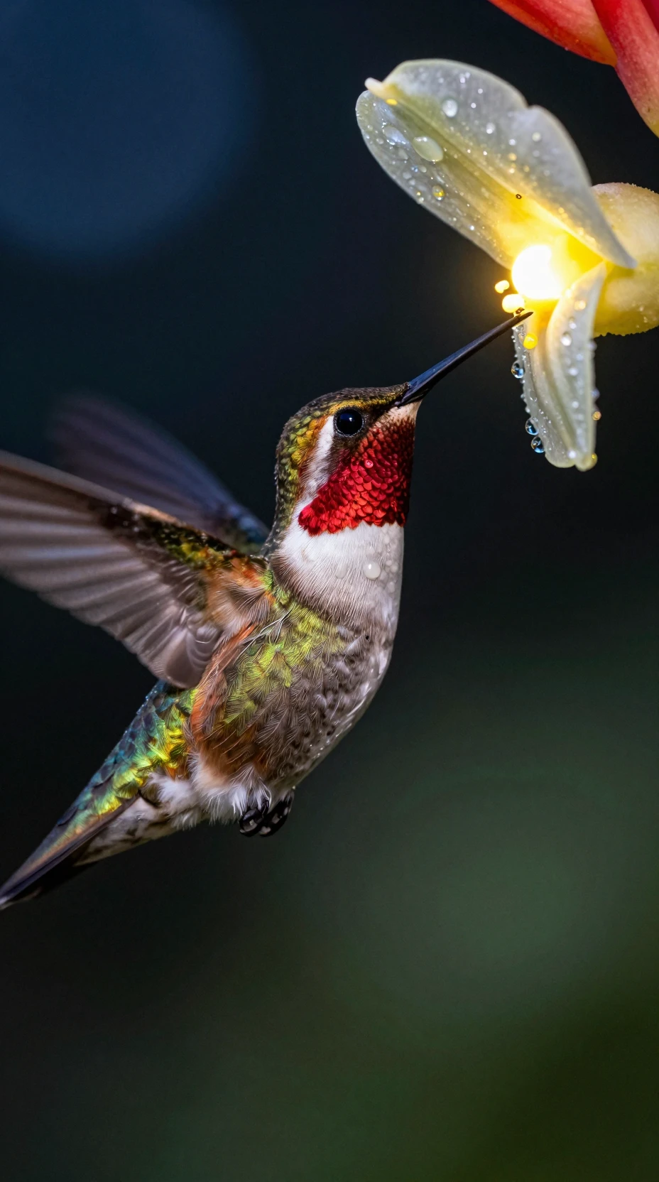 Colibri à gorge rubis avec fleur tropicale lumineuse