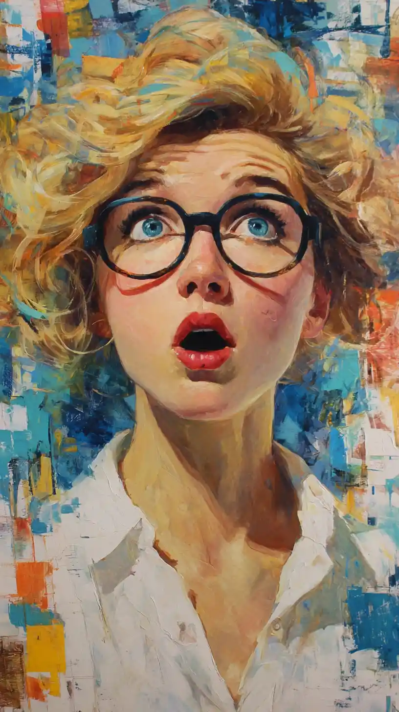 Shocked anime girl with messy colorful hair and glasses