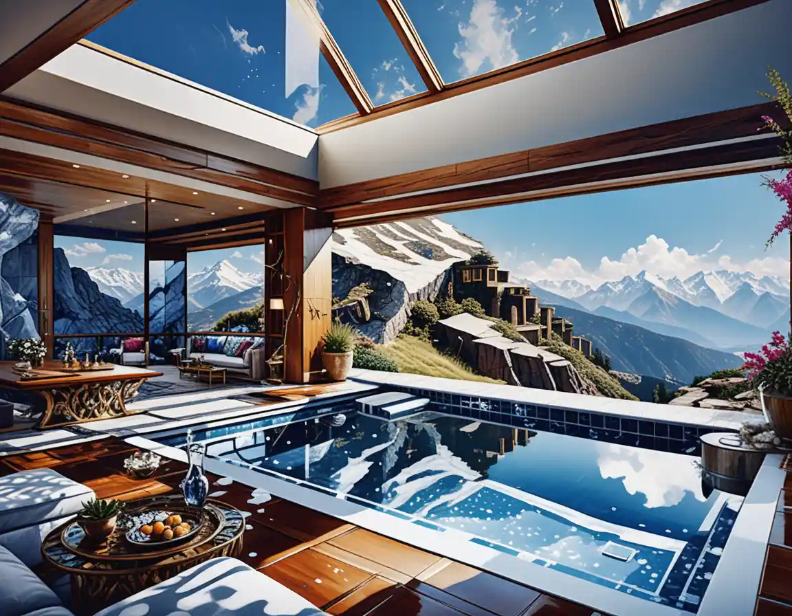 Luxury penthouse infinity pool over rocky mountain landscape