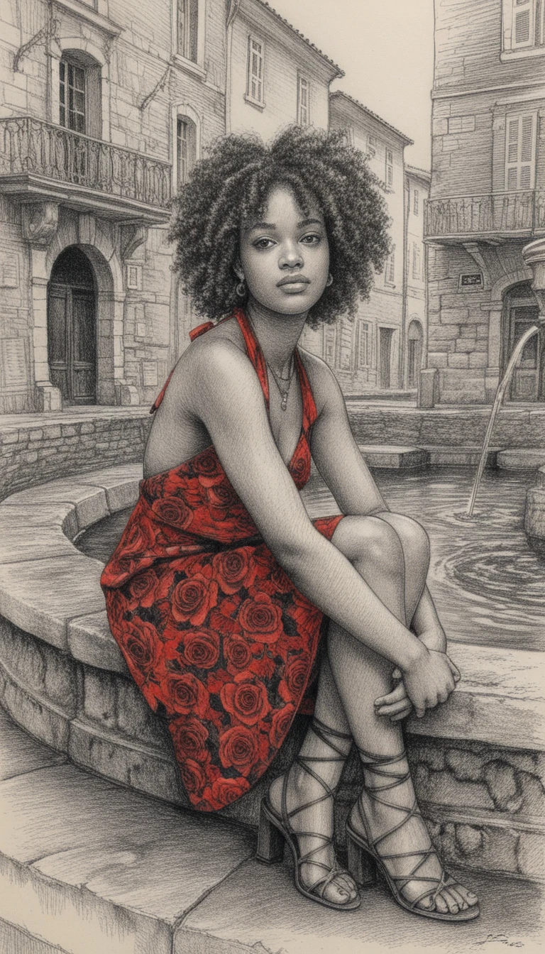 Sensual woman by stone fountain in color pencil illustration