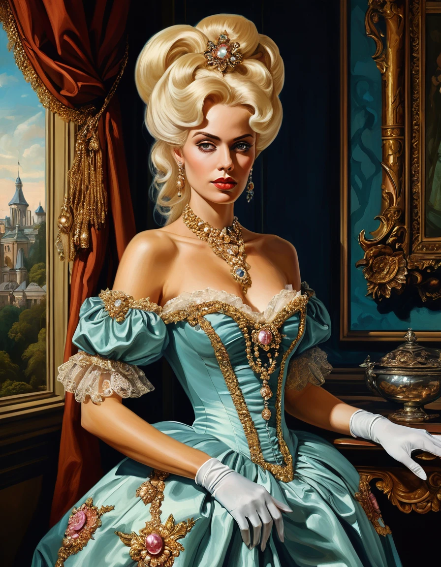 Sultry fantasy enchantress in opulent rococo mansion
