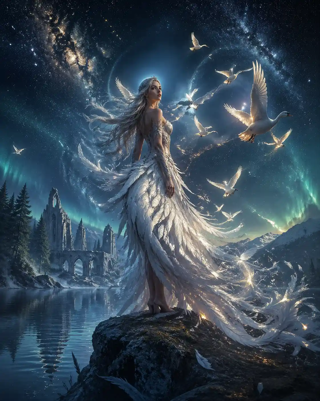 Mythical swan maiden on rocks by a twilight mountain lake