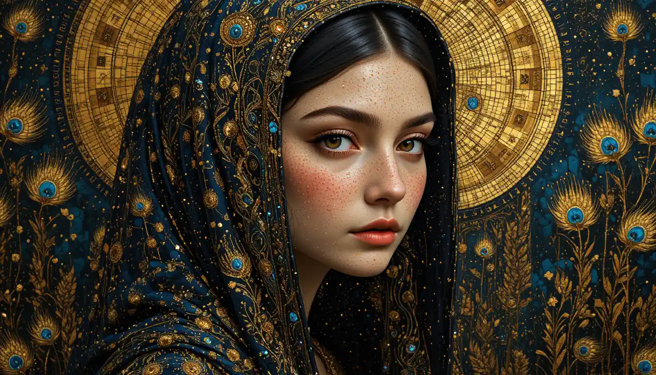 Pointillist portrait of a woman in a dissolving golden cloak