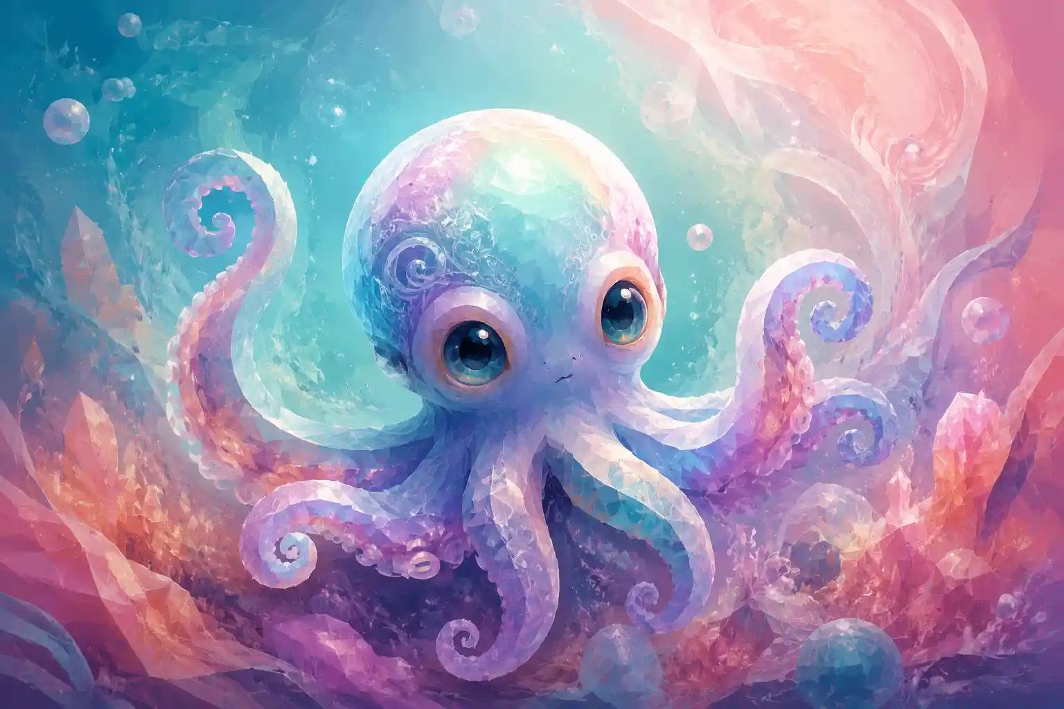 Abstract baby octopus illustration in soft pastel underwater colors