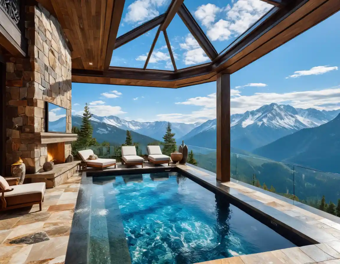 Luxury penthouse infinity pool above dramatic mountain landscape