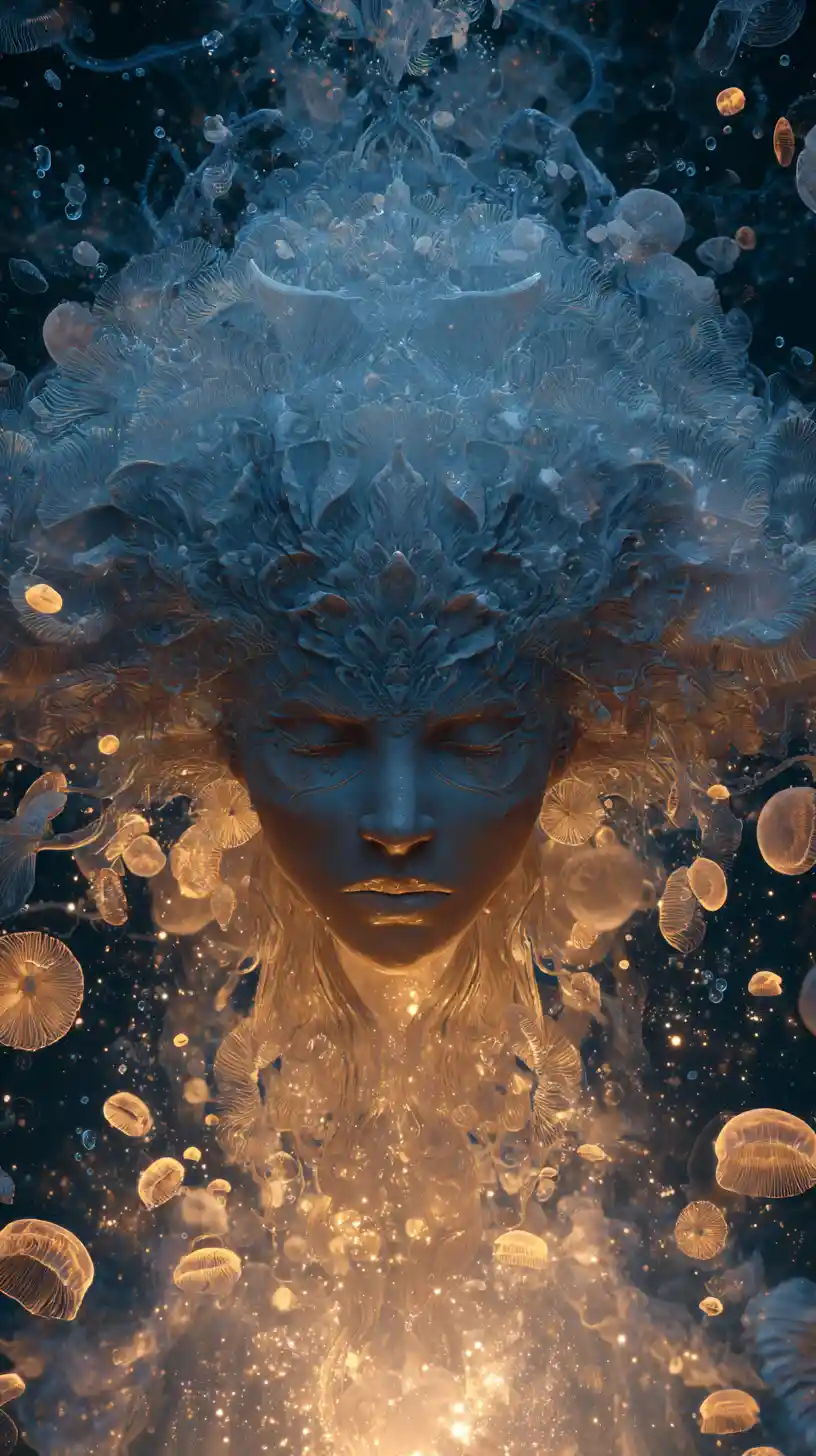 Afrofuturistic water deity rising from a glowing ocean abyss