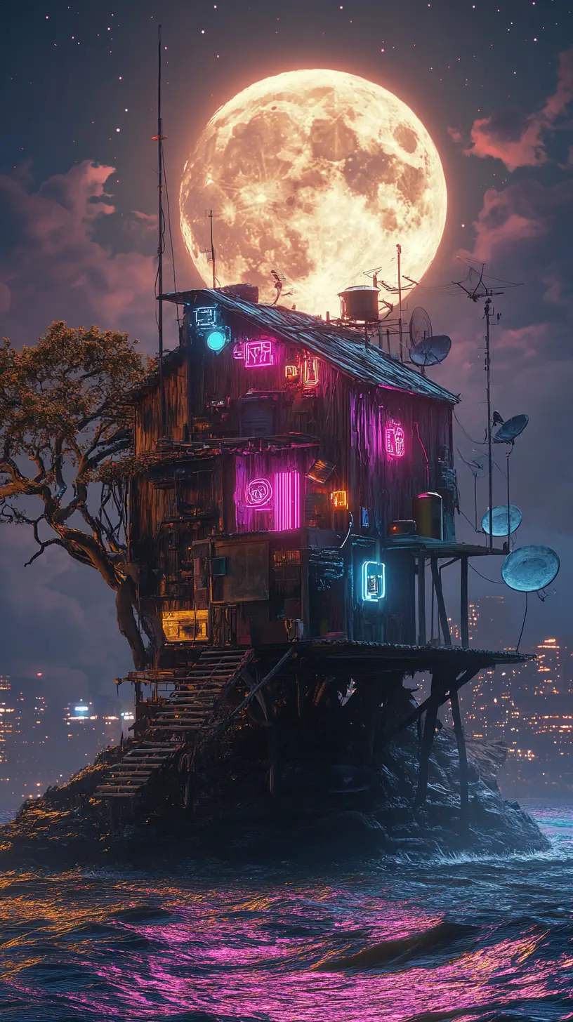 Neon lit shanty house on a rocky island at night