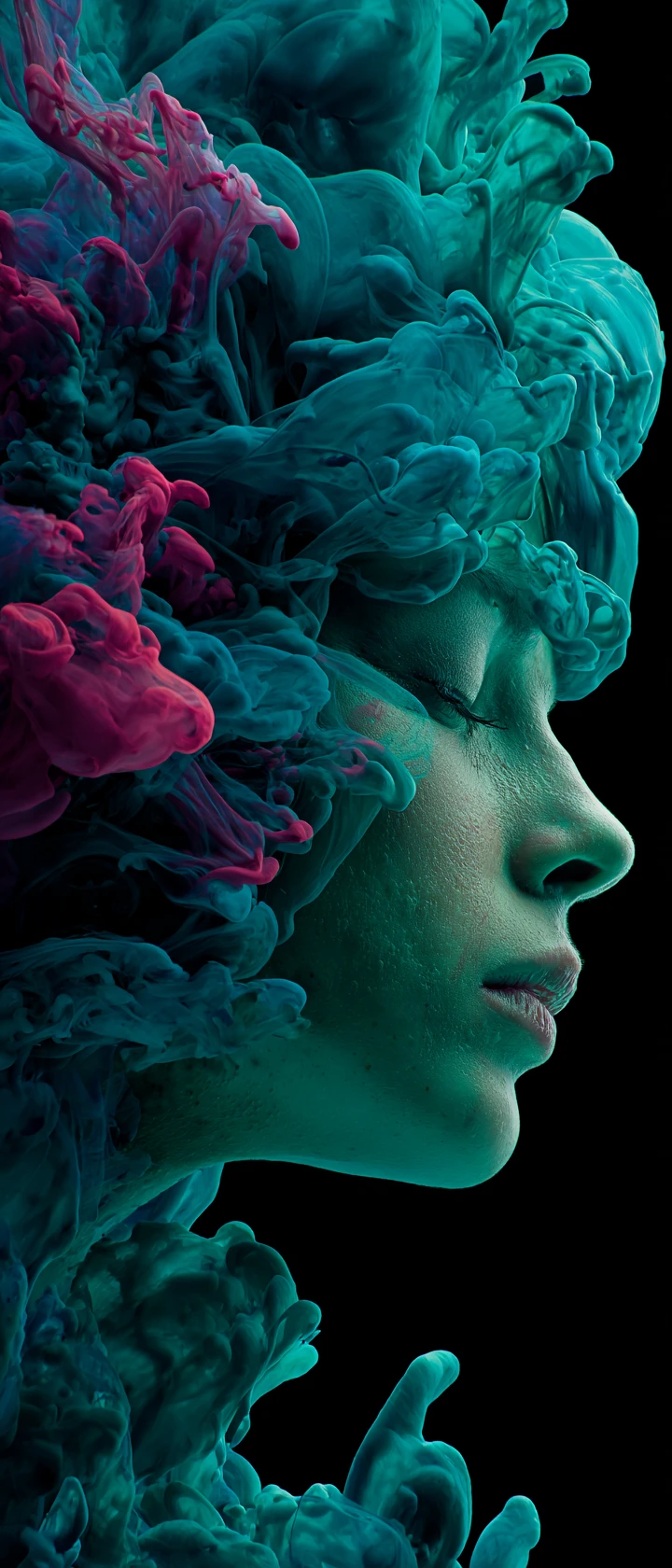 Retrato femenino sereno en tinta que se disuelve en verde azulado y magenta