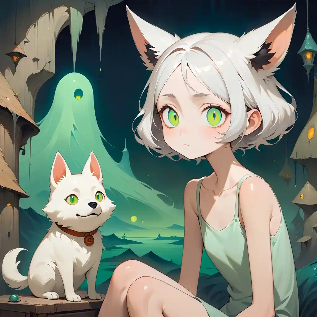Surreal old woman with strange white dog staring forward